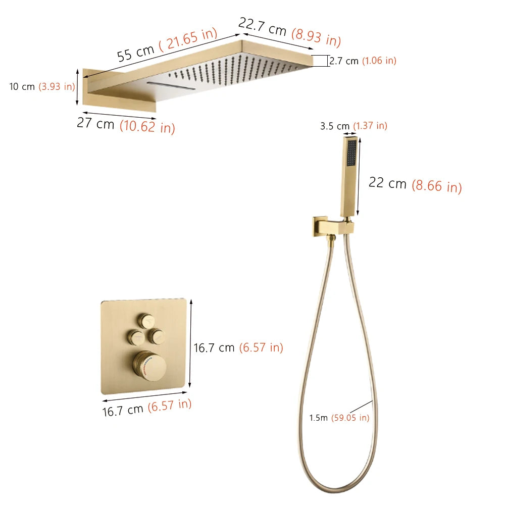 Brushed Gold In-Wall Waterfall Rain Shower System